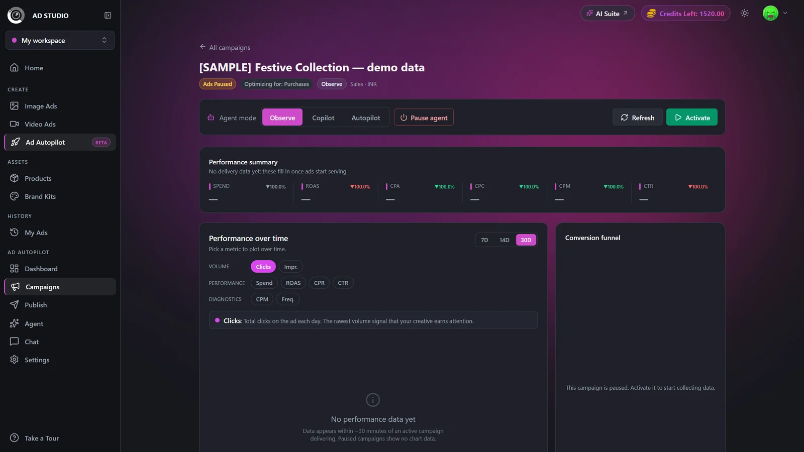 Campaign detail action hub with agent mode selector, pause agent switch, refresh, and activate controls