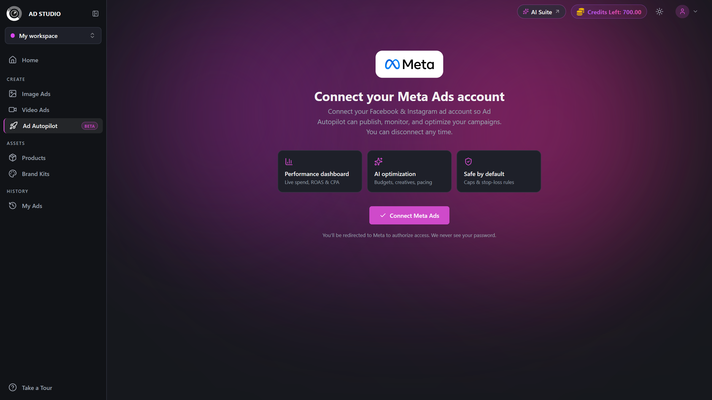 Connect screen listing performance dashboard, AI optimization and safe-by-default caps with a Connect Meta Ads button