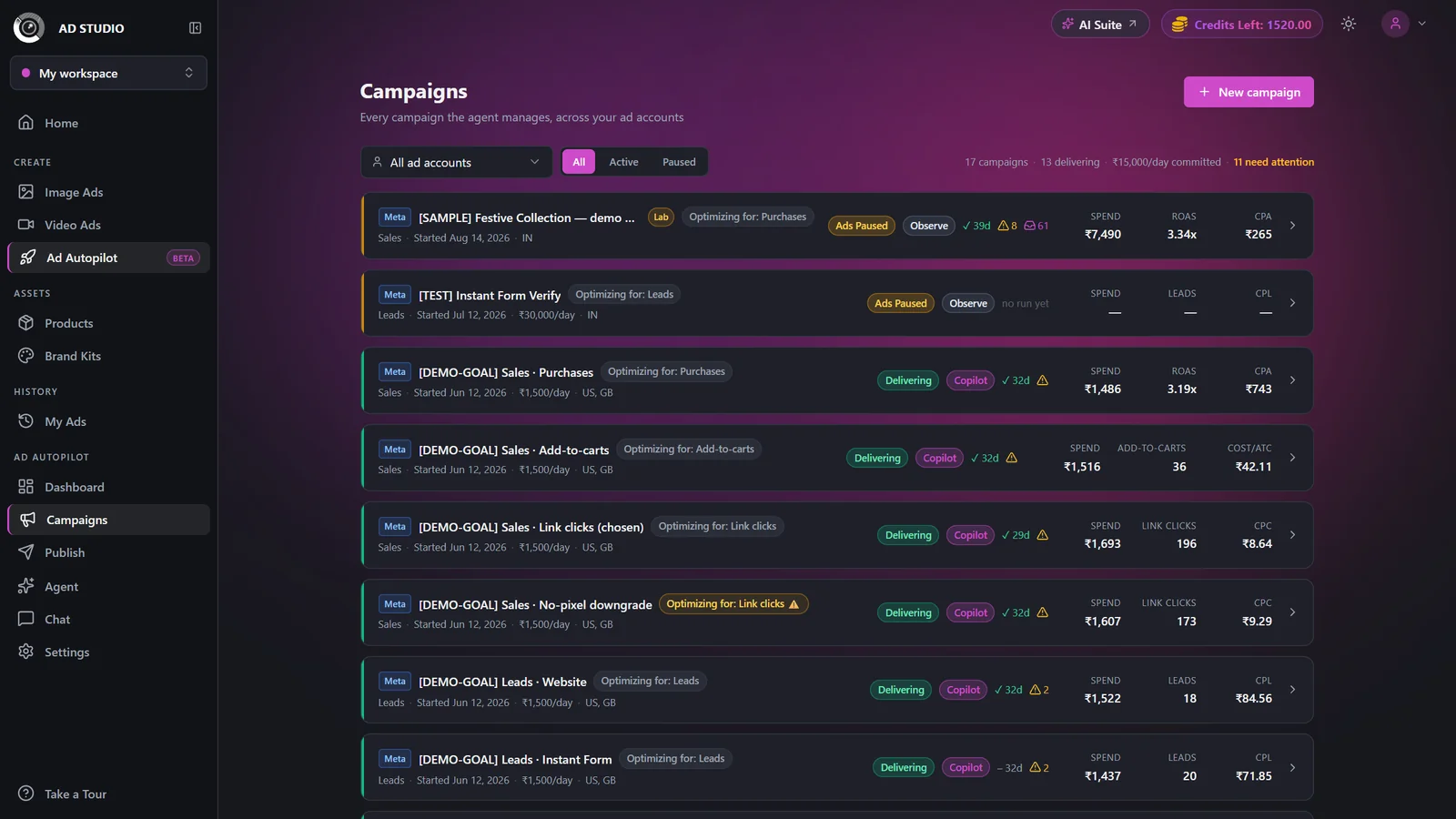 Campaign list row with a Lab badge and a link to the testing campaign console