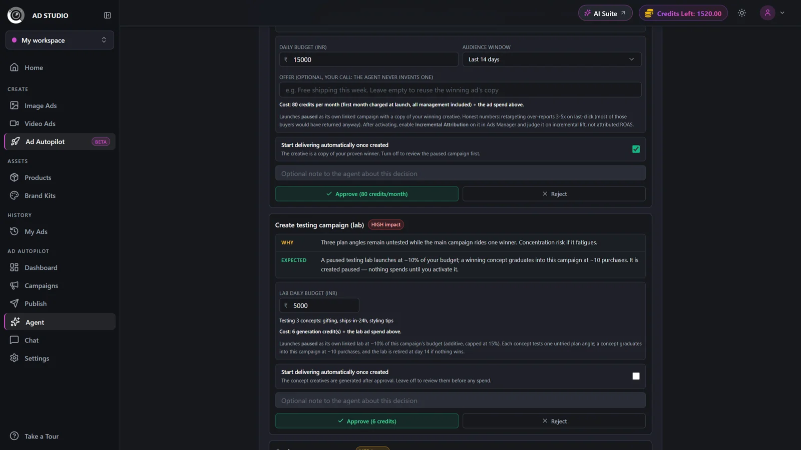 Approval inbox card titled Create testing campaign (lab) with an editable small daily budget field