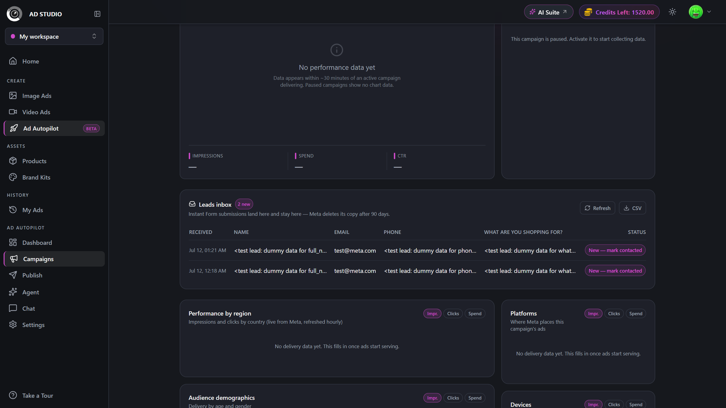 Campaign detail page with the Leads inbox panel showing a table of submitted leads