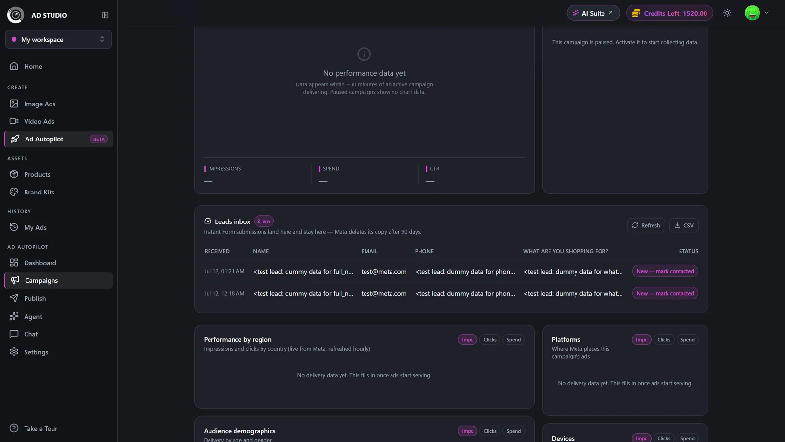 Campaign detail page with the Leads inbox panel showing a table of submitted leads