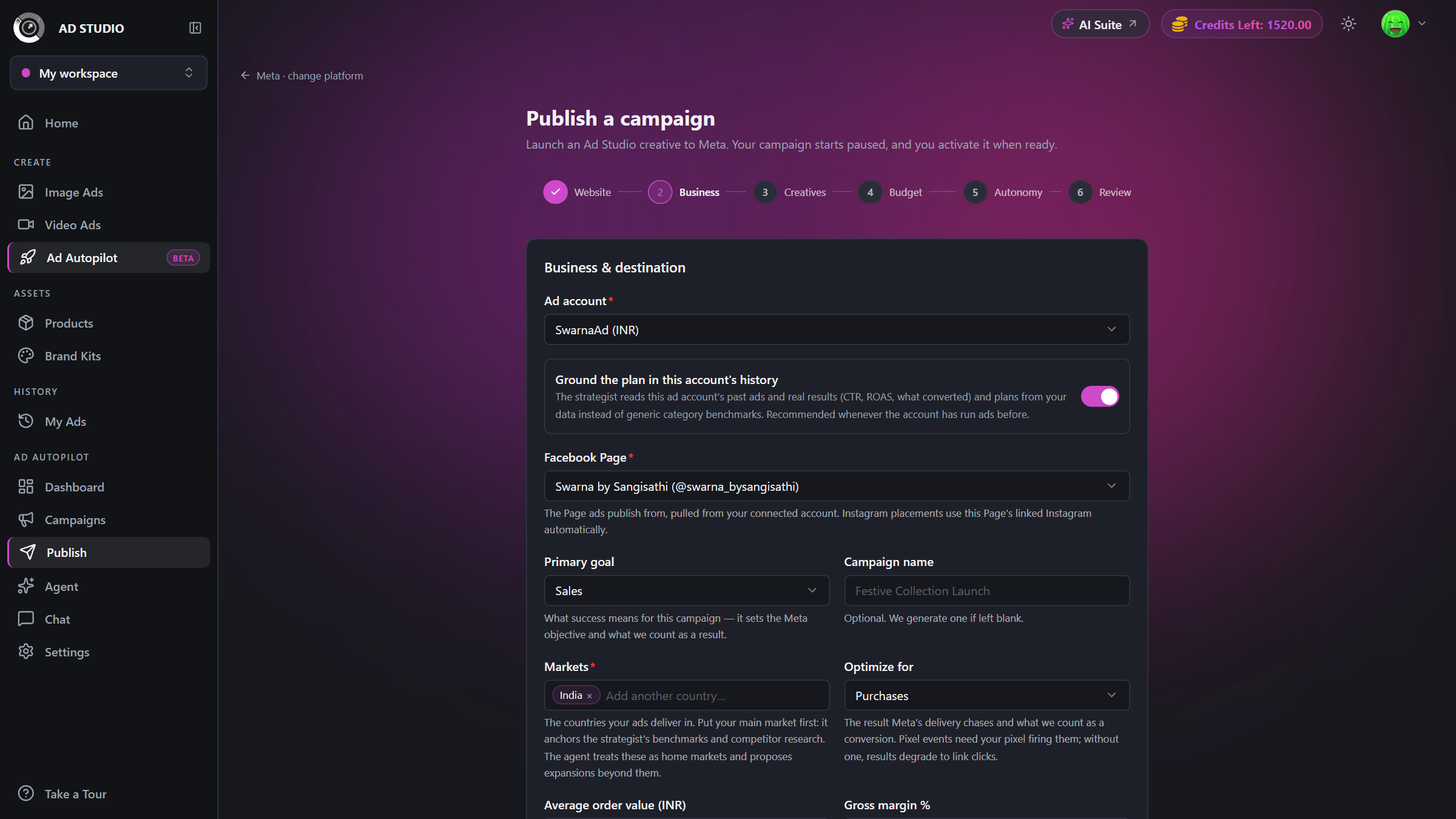 Business step showing ad account and Page pickers with goal and markets fields