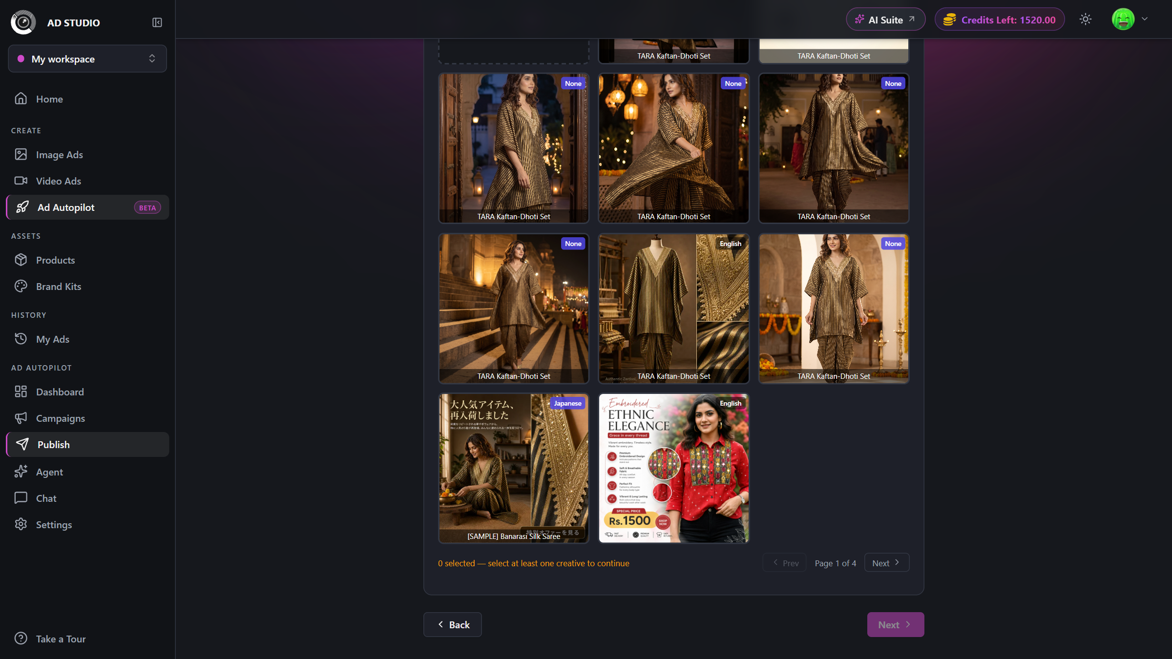 Creatives step with a grid of selectable ad creatives and a destination URL field