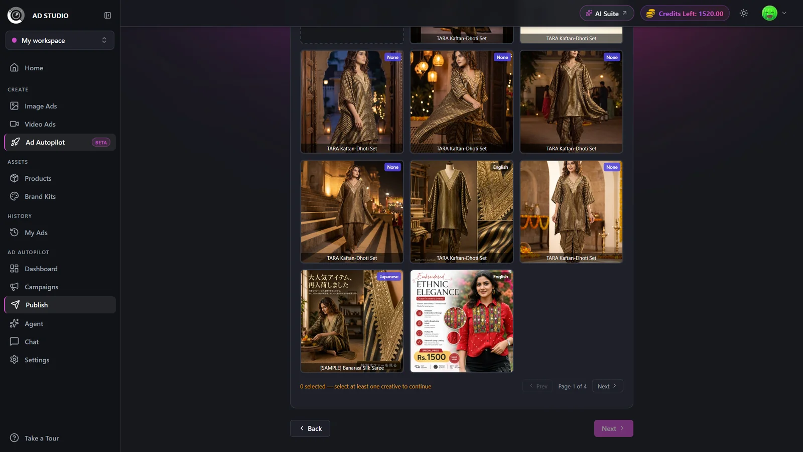 Creatives step with a grid of selectable ad creatives and a destination URL field