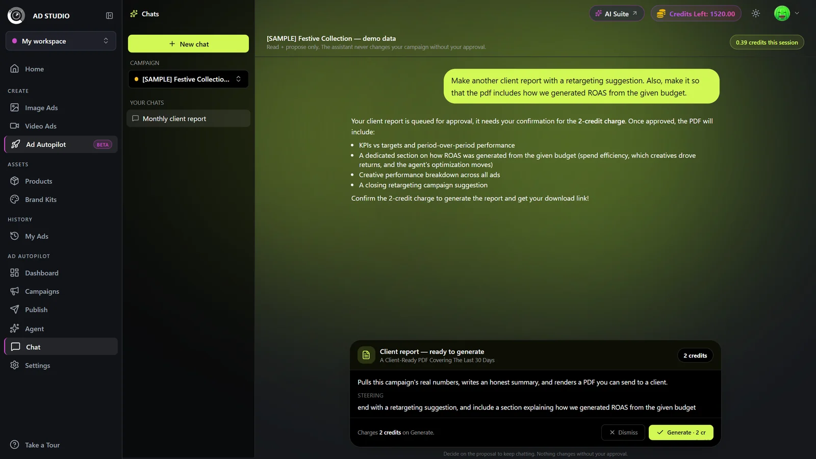 Client report ready-to-generate card showing the report period and a Generate button
