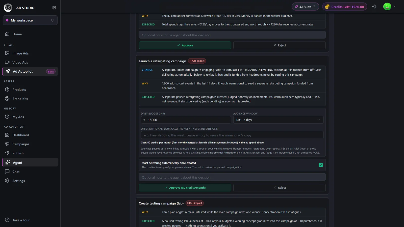 Retargeting approval card with budget, lookback window, and offer fields, plus an Approve button showing the credit cost