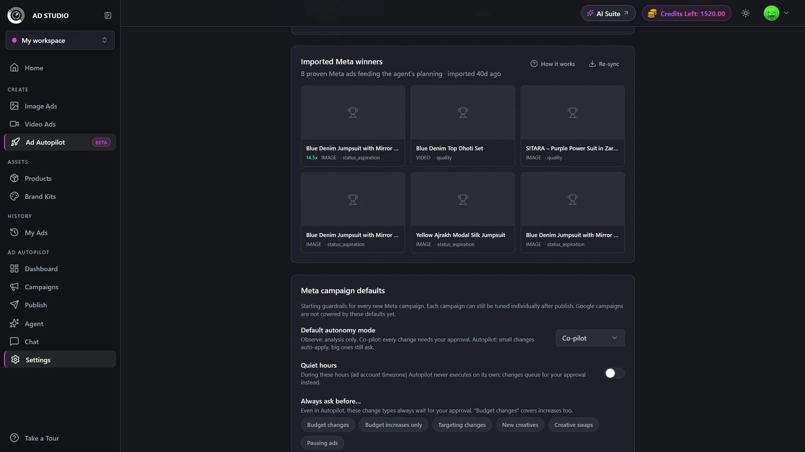 Connected accounts panel listing Meta ad accounts with currency and status