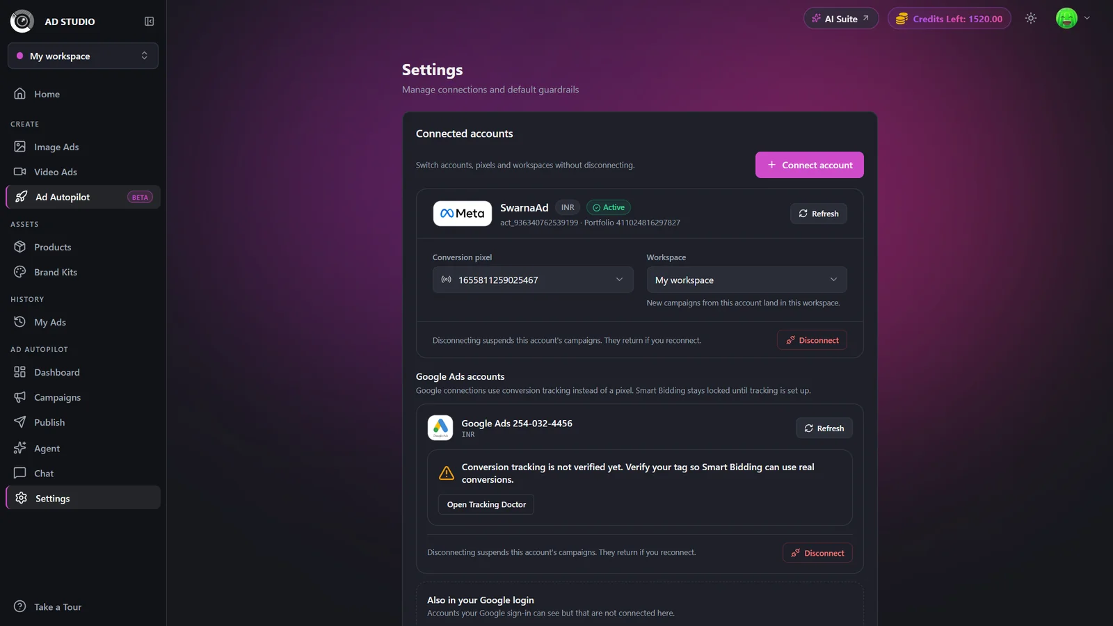 Ad Autopilot Settings page with the Default guardrails panel open