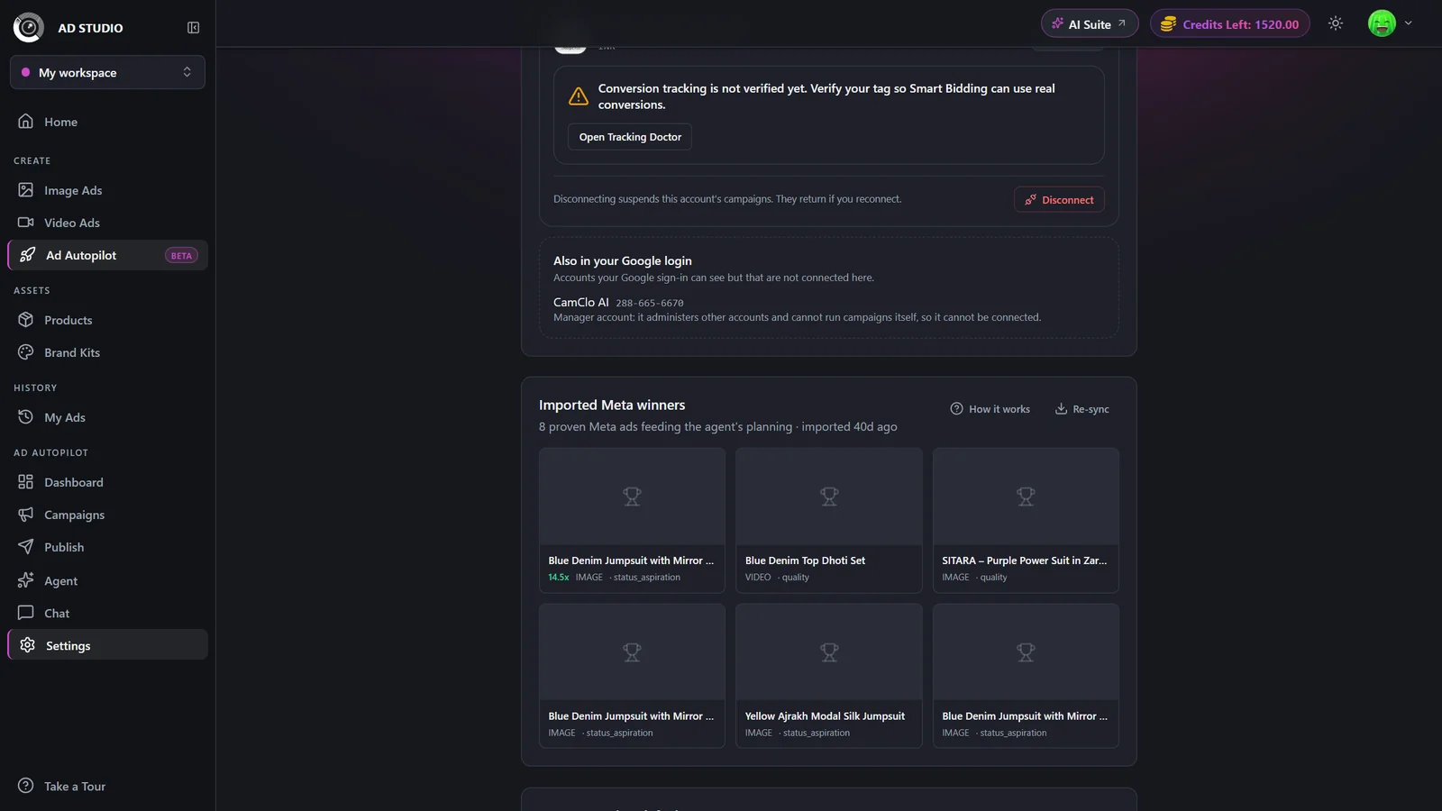 Ad Autopilot Settings showing the 'Warm-start from your proven ads' card with a ranked list of top ads and their ROAS and CTR