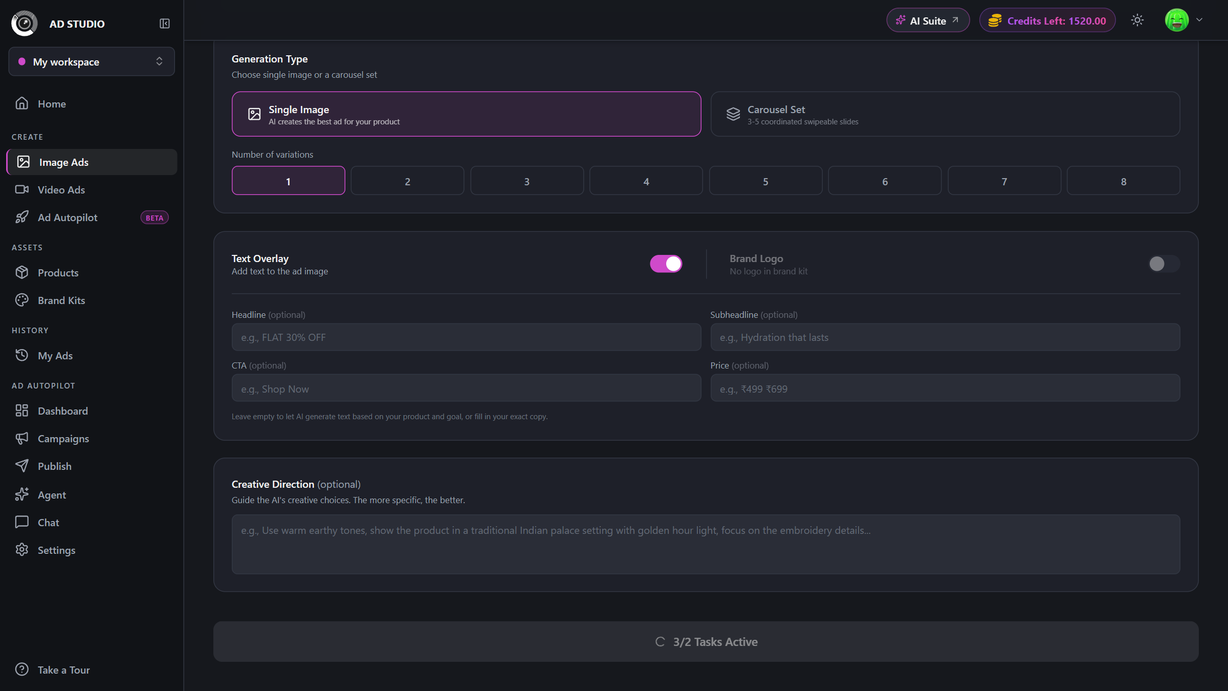 Image Ads creator showing product picker, goal chips, aspect ratio options, and the Generate button