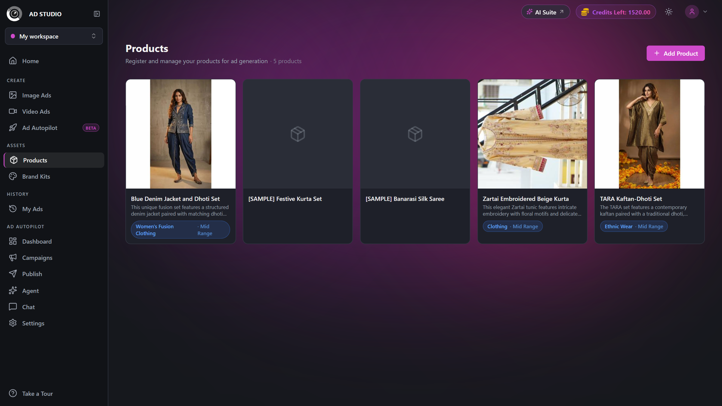 Ad Studio Products page with the Add Product card and a grid of registered products