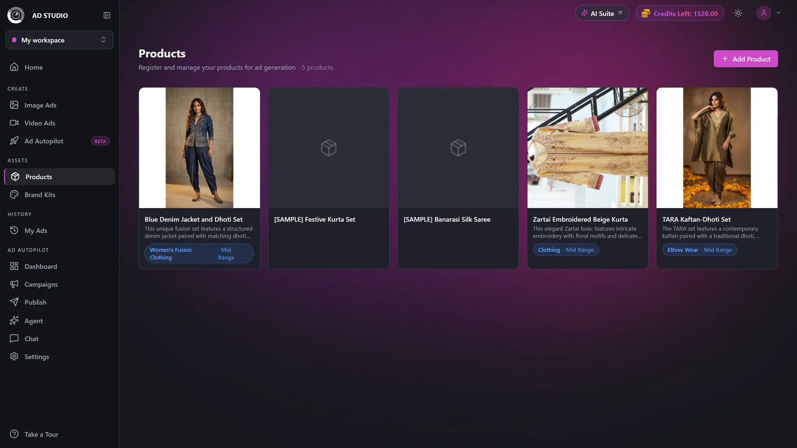 Ad Studio sidebar with Products highlighted under the Assets section