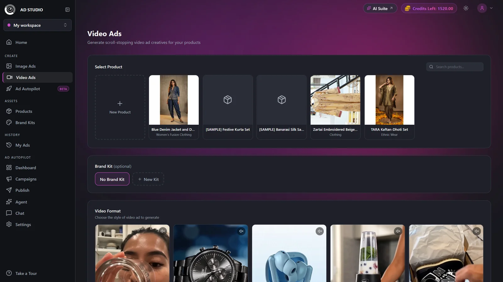 Video Ads screen with the product picker and format gallery
