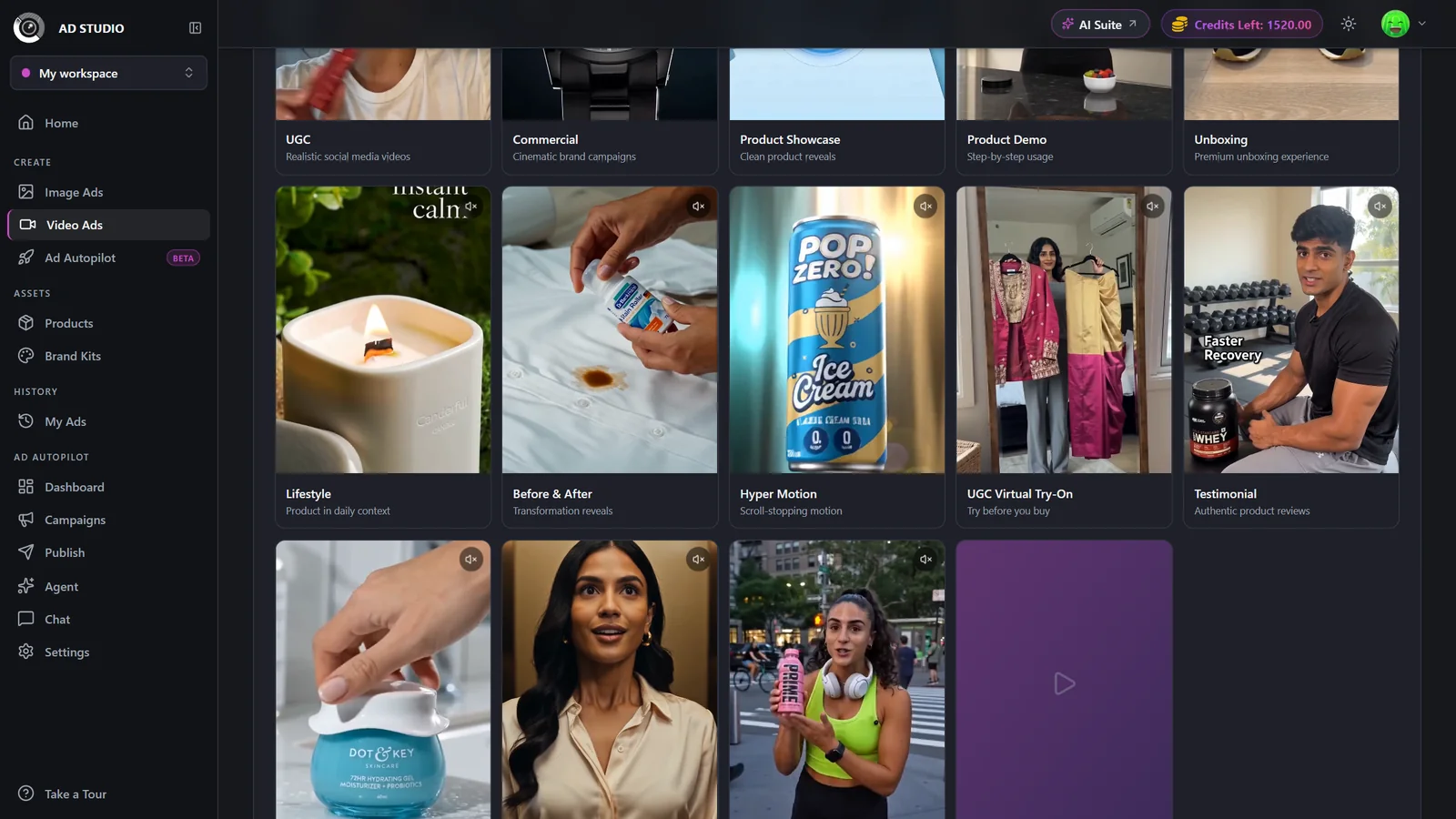Format gallery showing UGC, Commercial, Unboxing, and other video format cards