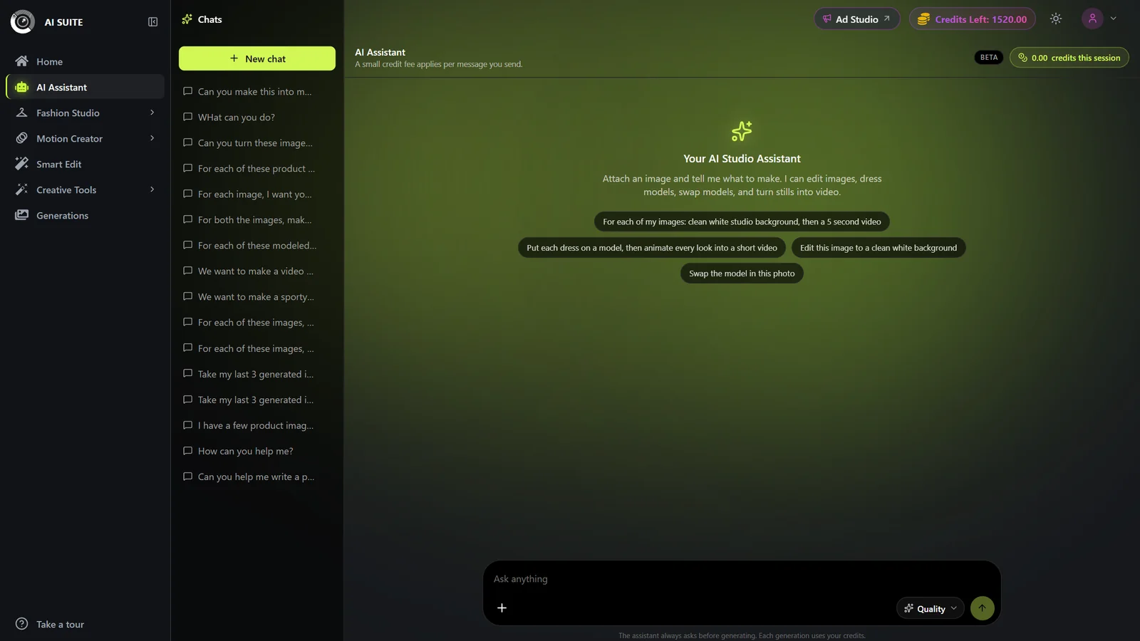AI Assistant chat with the composer, attach (+) button, and Fast/Quality mode pill next to Send