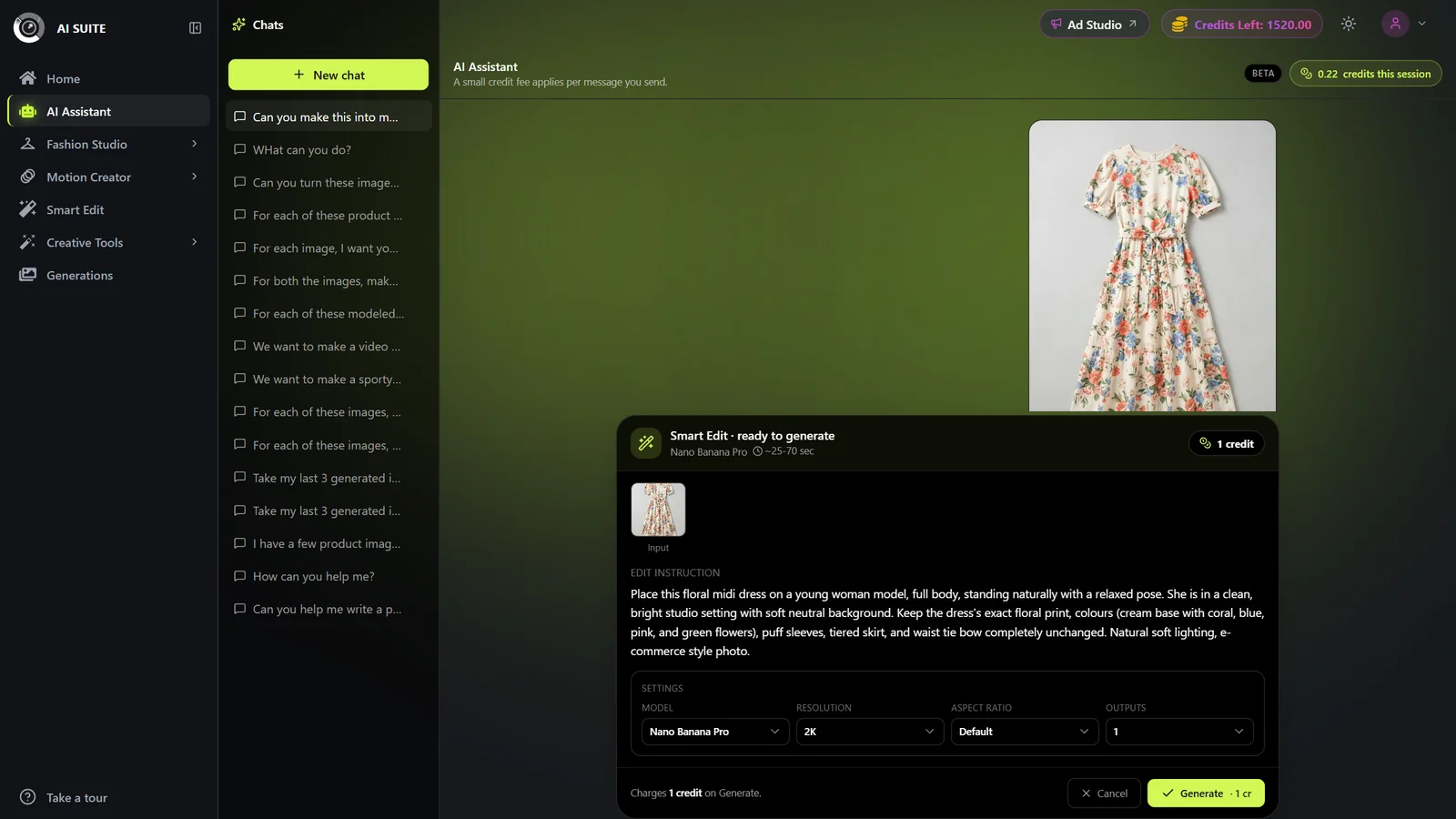Docked proposal card showing chosen tool, editable knobs, input preview, estimated time, and credit cost