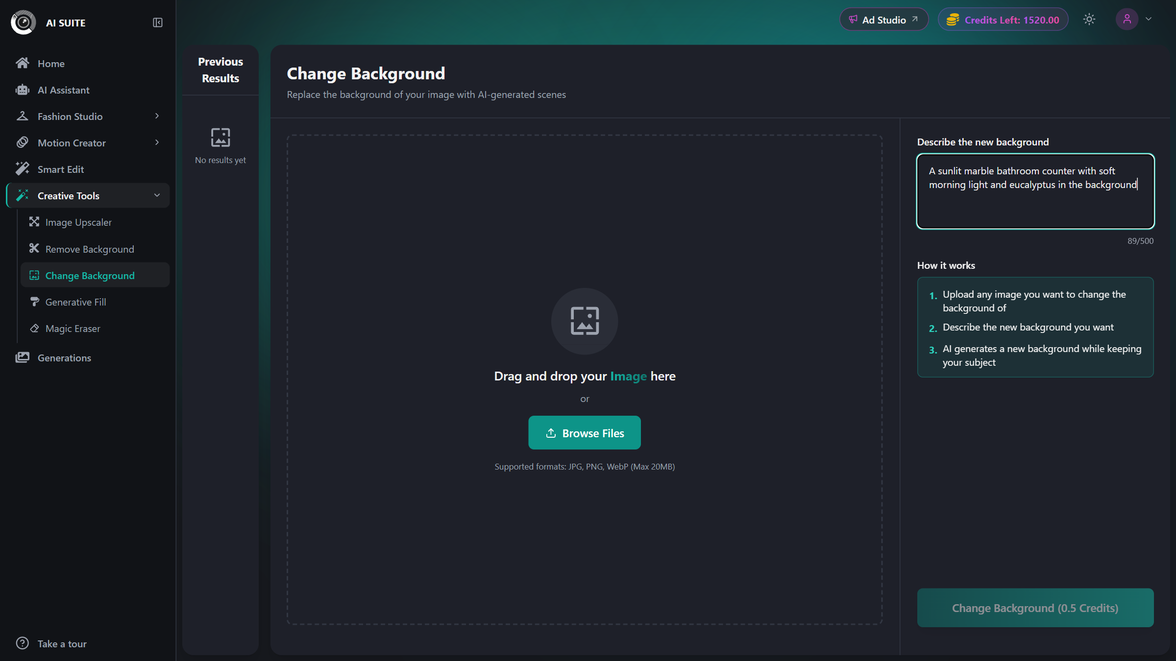 Background description field with a character counter showing the 500 character limit