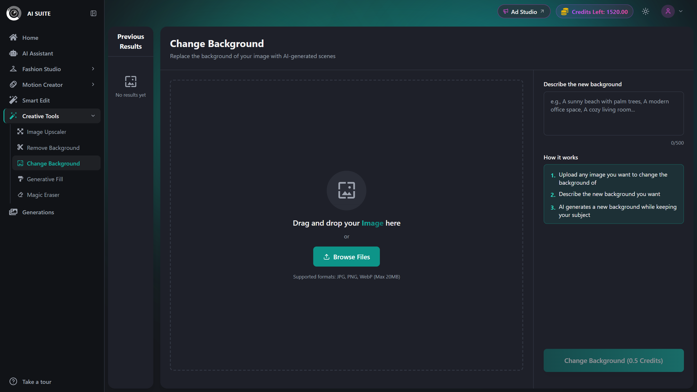 Change Background tool open in the AI Suite with the image dropzone on the left and controls on the right
