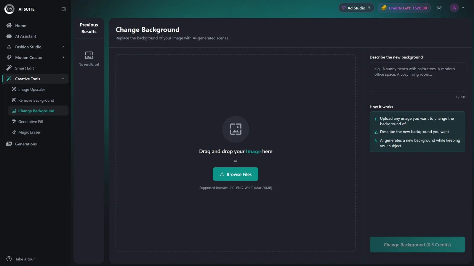 Change Background tool open in the AI Suite with the image dropzone on the left and controls on the right