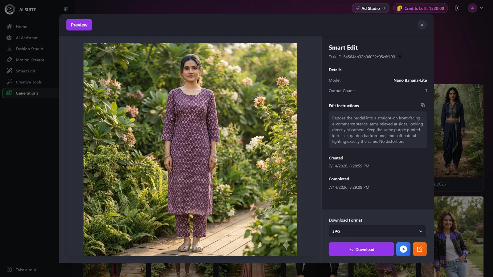 Full-screen preview modal showing a generated image with its tool, model, prompt, and settings