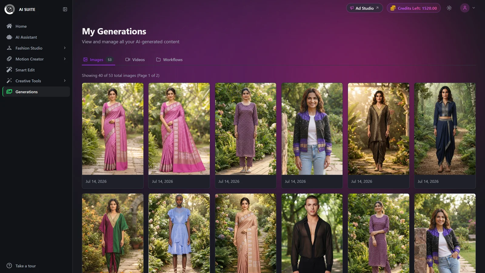 Generations page header with Images, Videos, and Workflows tabs and a count badge on each