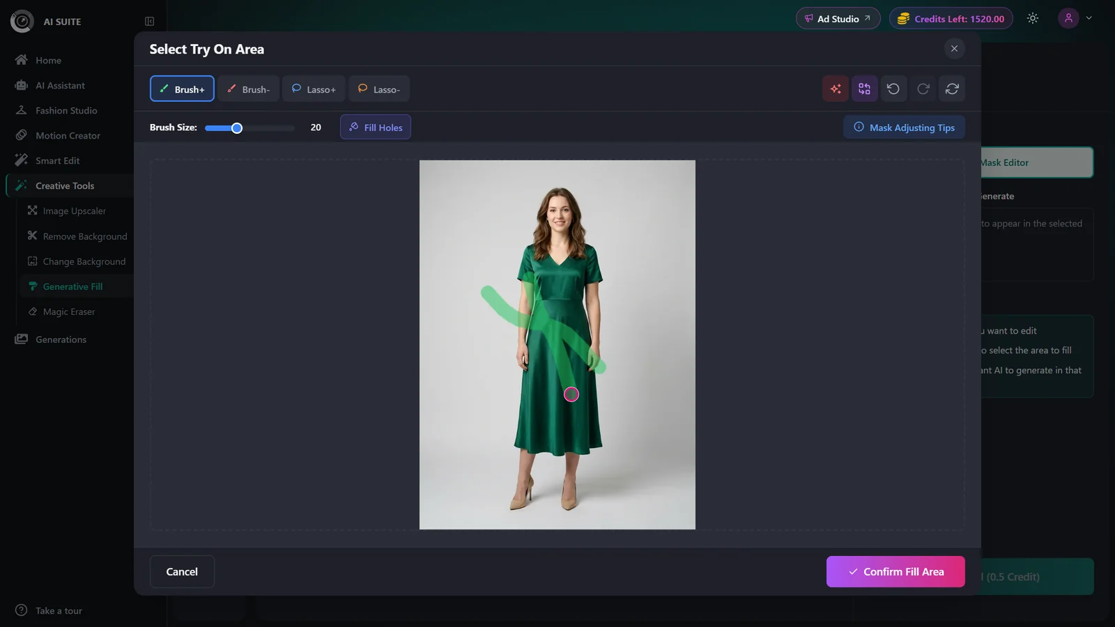 Mask editor with a brushed selection highlighted over the uploaded image