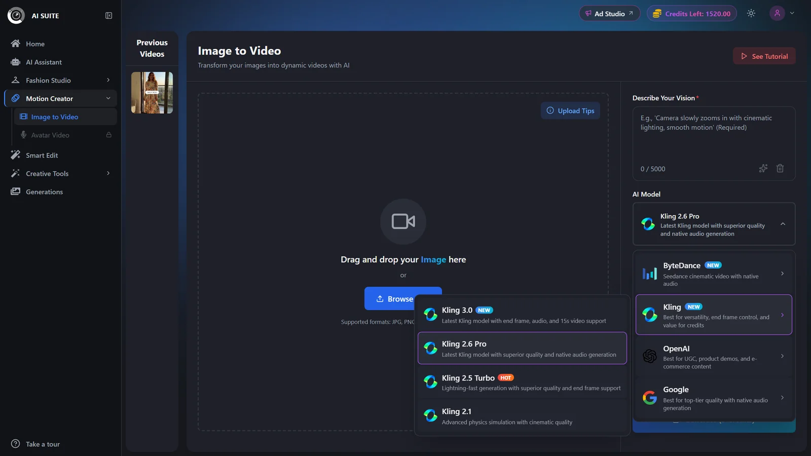 Video model picker showing Kling, Google Veo, and Seedance options