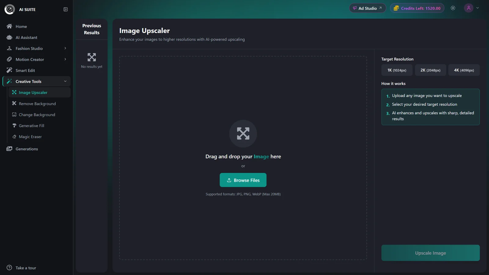 Image Upscaler tool open in the AI Suite with the upload area and resolution options
