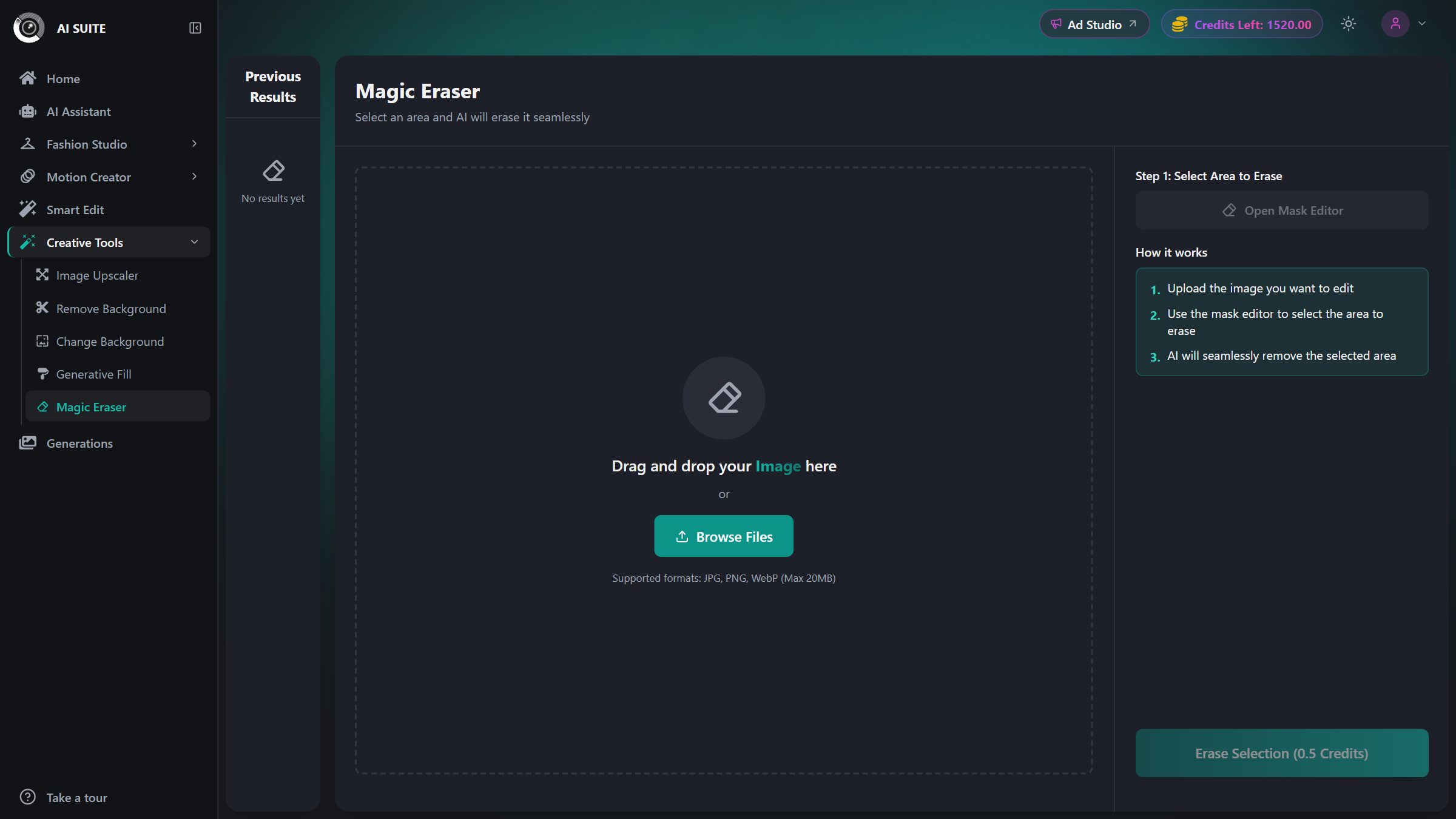 Magic Eraser tool open in the AI Suite with an empty upload area