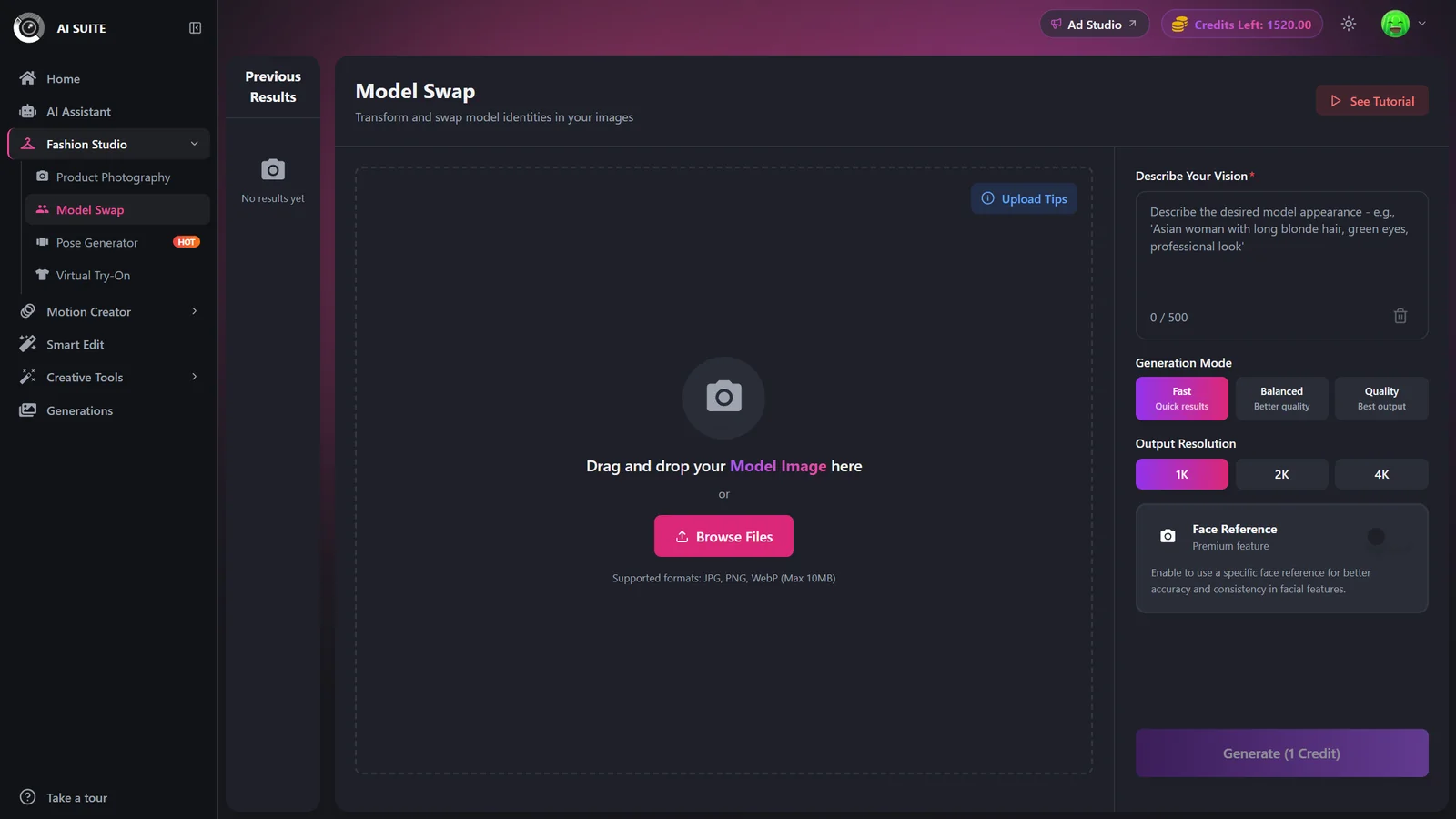 Generation Mode and Output Resolution selectors in Model Swap