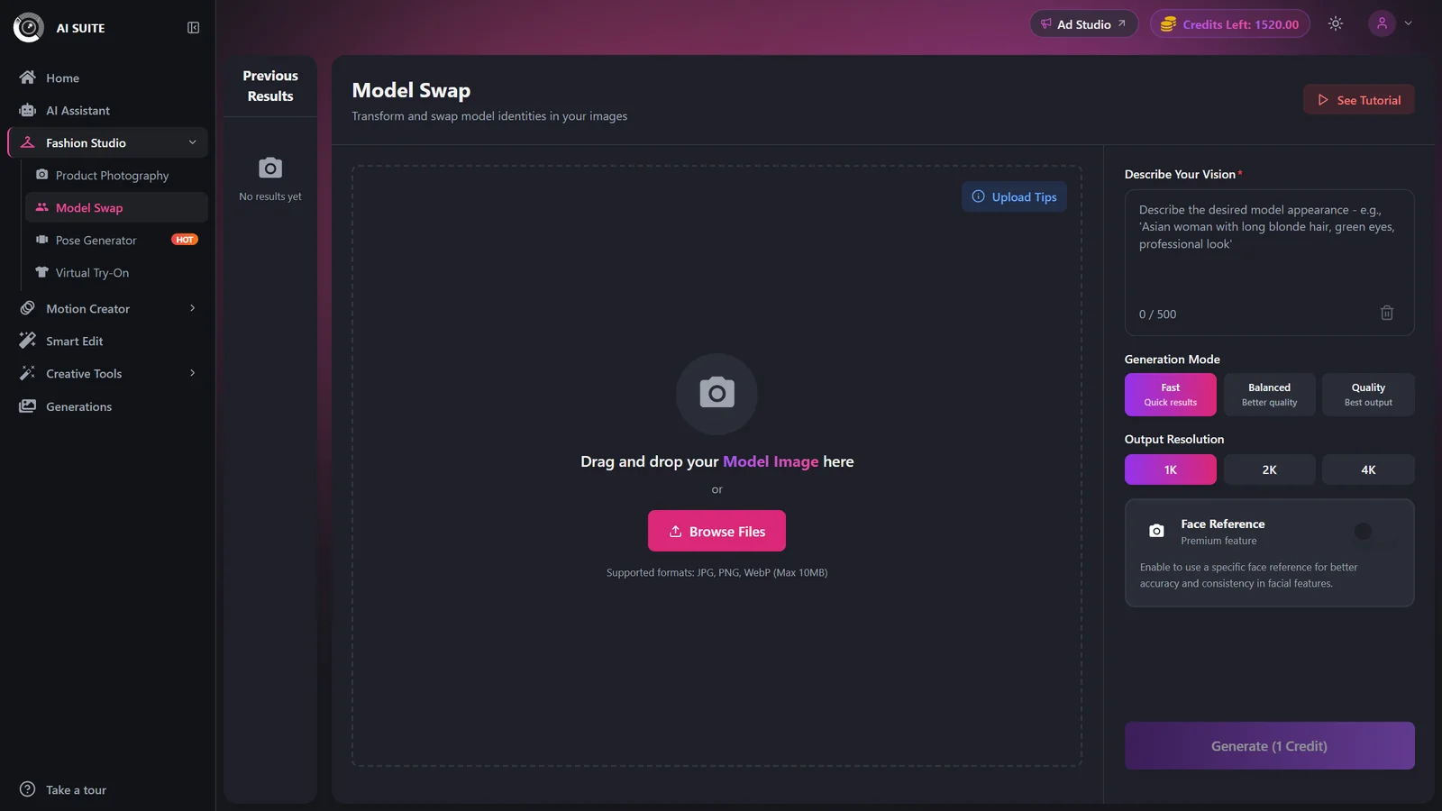 Model Swap upload area with drag-and-drop and Browse Files button