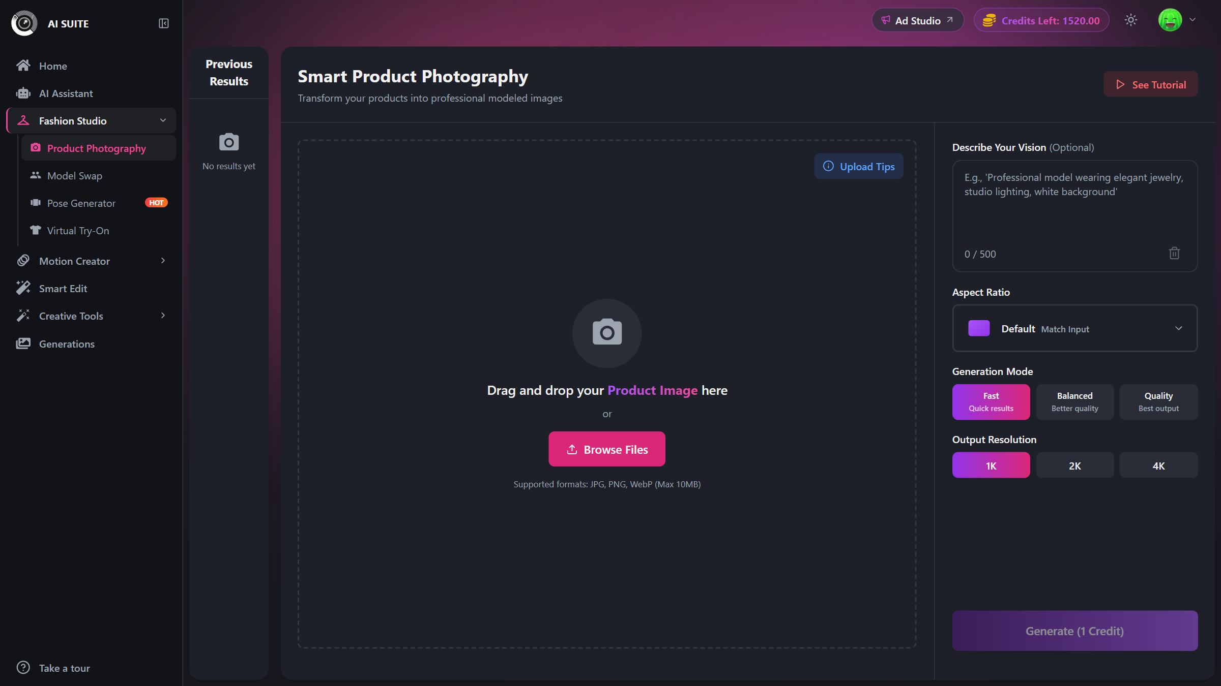 Aspect ratio, mode (Fast, Balanced, Quality) and resolution (1K, 2K, 4K) controls