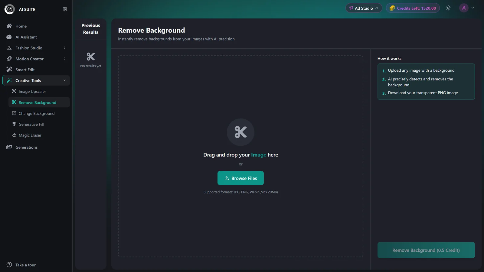 AI Suite with the Remove Background tool selected