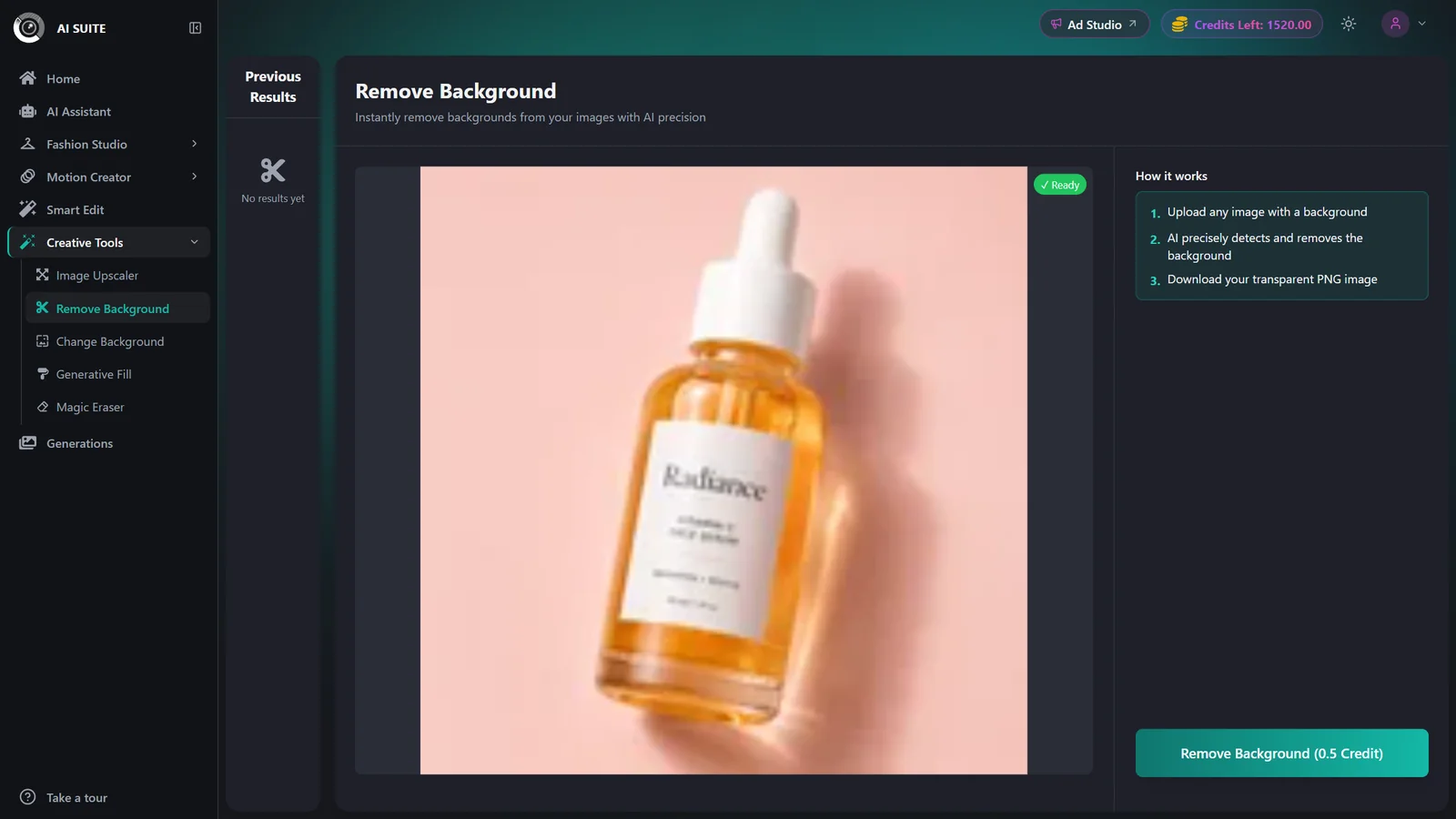 Image upload area for Remove Background with a product photo added