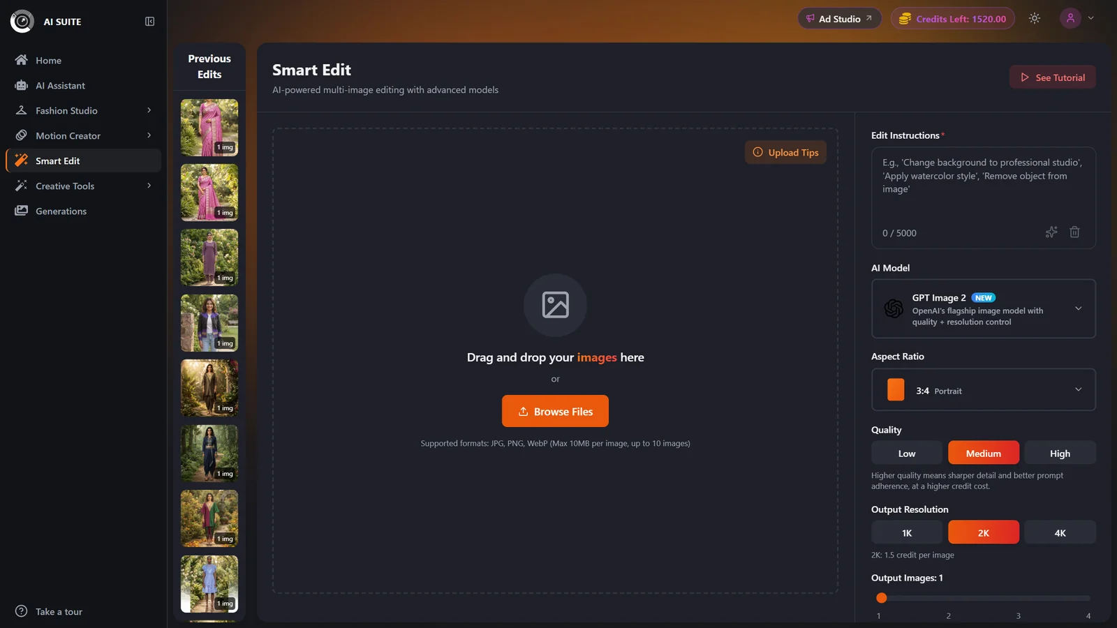 Smart Edit model selector listing GPT Image 2, Nano Banana 2, Nano Banana Pro, Nano Banana 2 Lite, Nano Banana, and Seedream 4.5