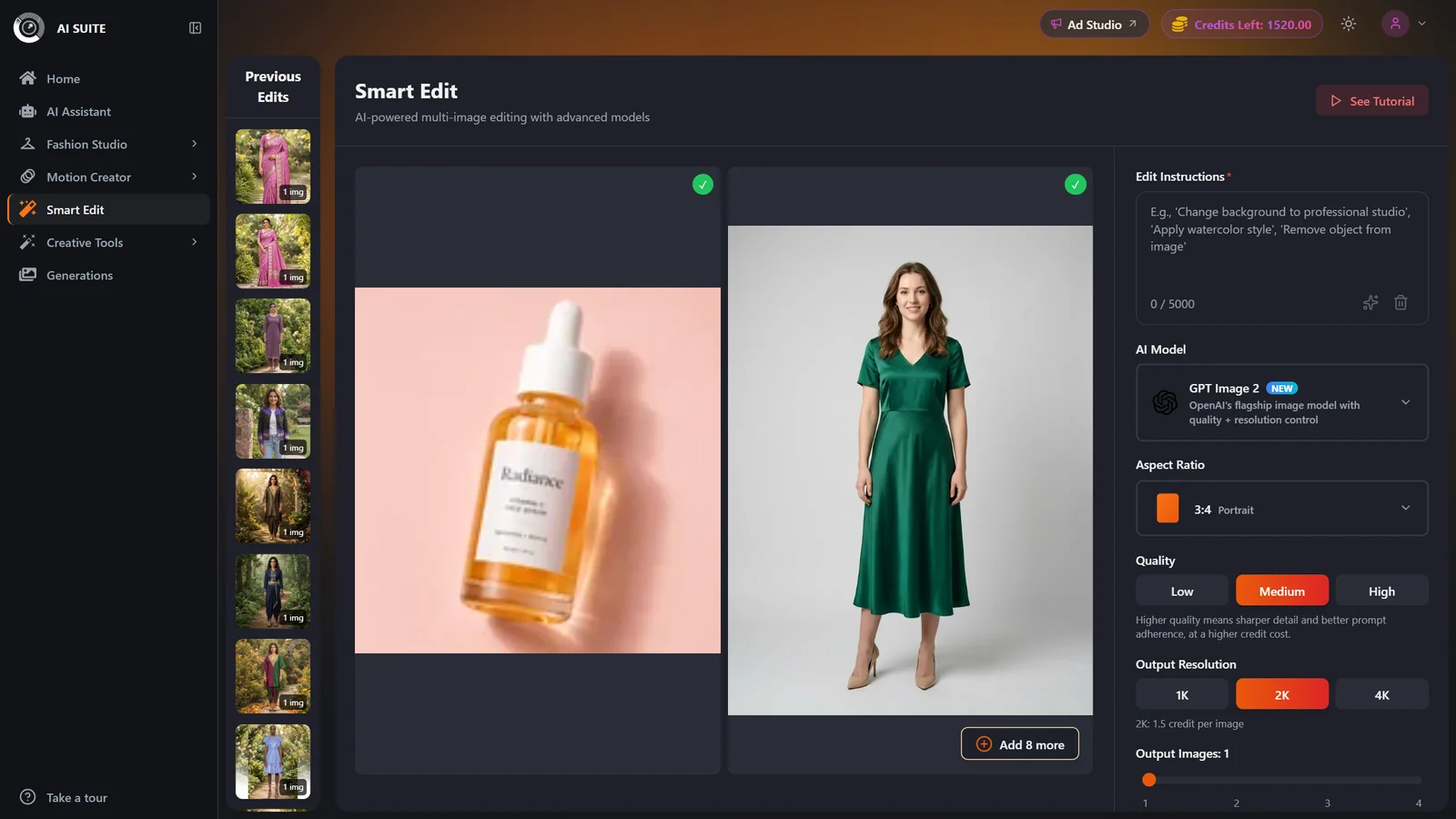 Smart Edit upload area with drag-and-drop and Browse Files, plus thumbnails of added images