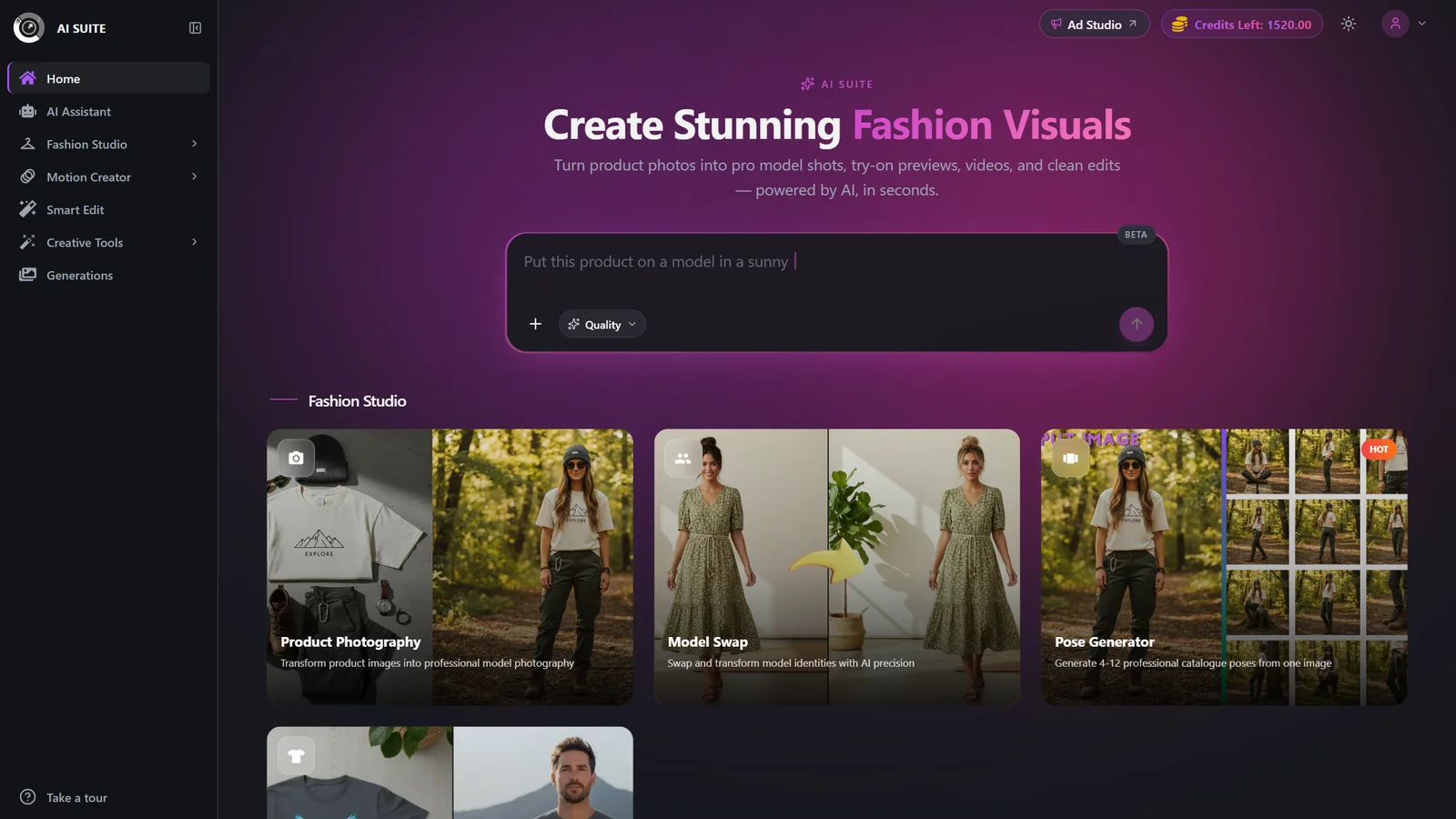 CamClo AI navigation showing the AI Suite tools and the Ad Studio section side by side