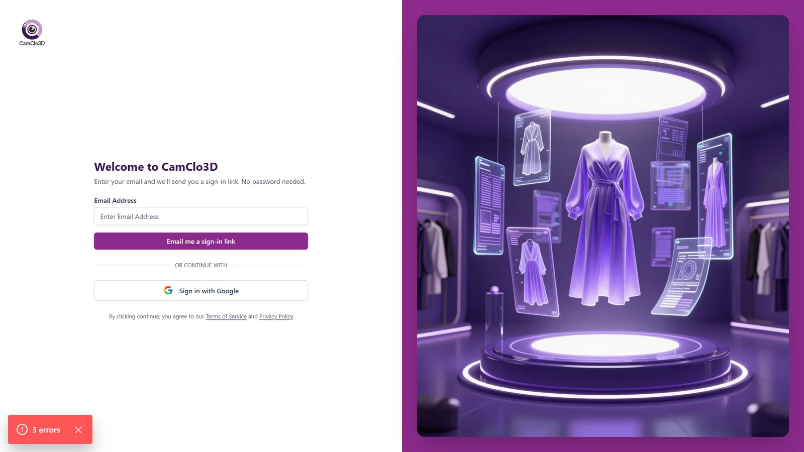 CamClo AI sign-in screen with the email sign-in field
