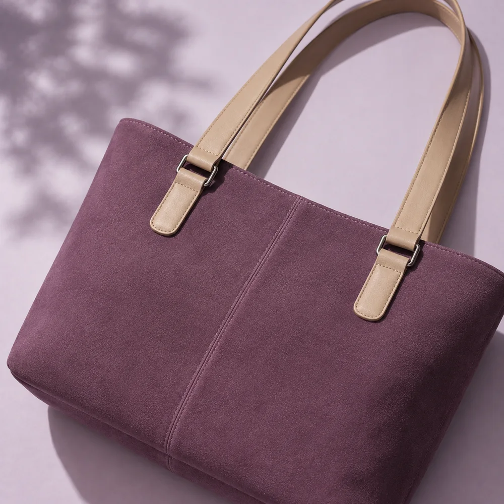 Close-up of the plum suede and oat leather straps