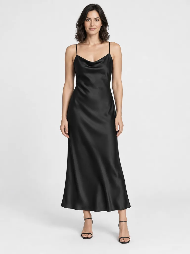 Black slip dress on a model in a studio