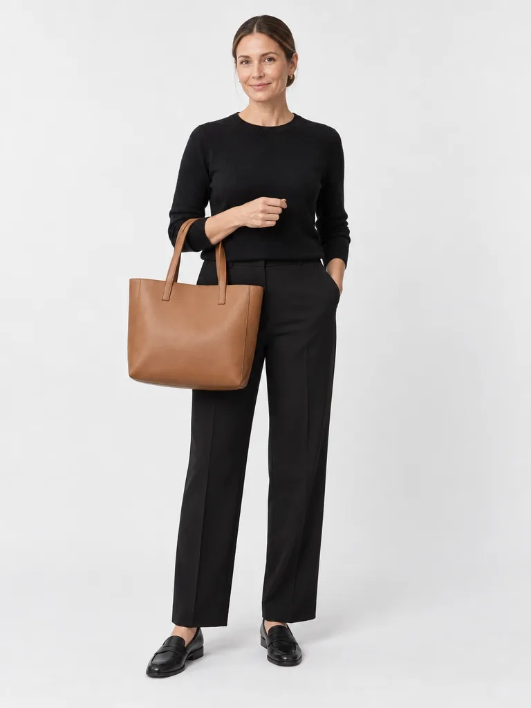 Camel tote on a model in a studio
