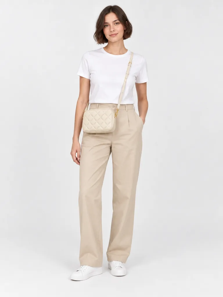 Cream crossbody on a model in a studio