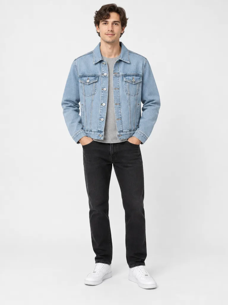 Denim jacket on a model in a studio