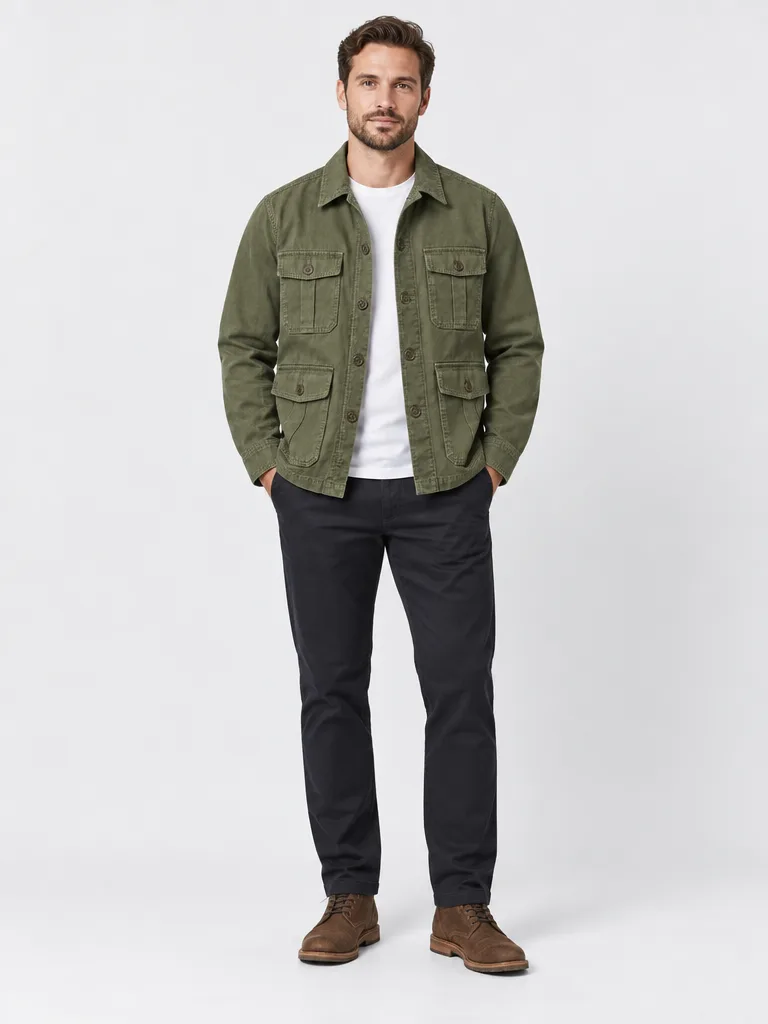 Olive jacket on a model in a studio