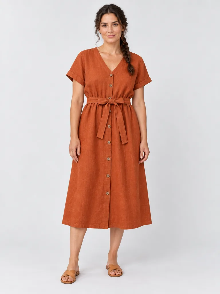 Rust dress on a model in a studio