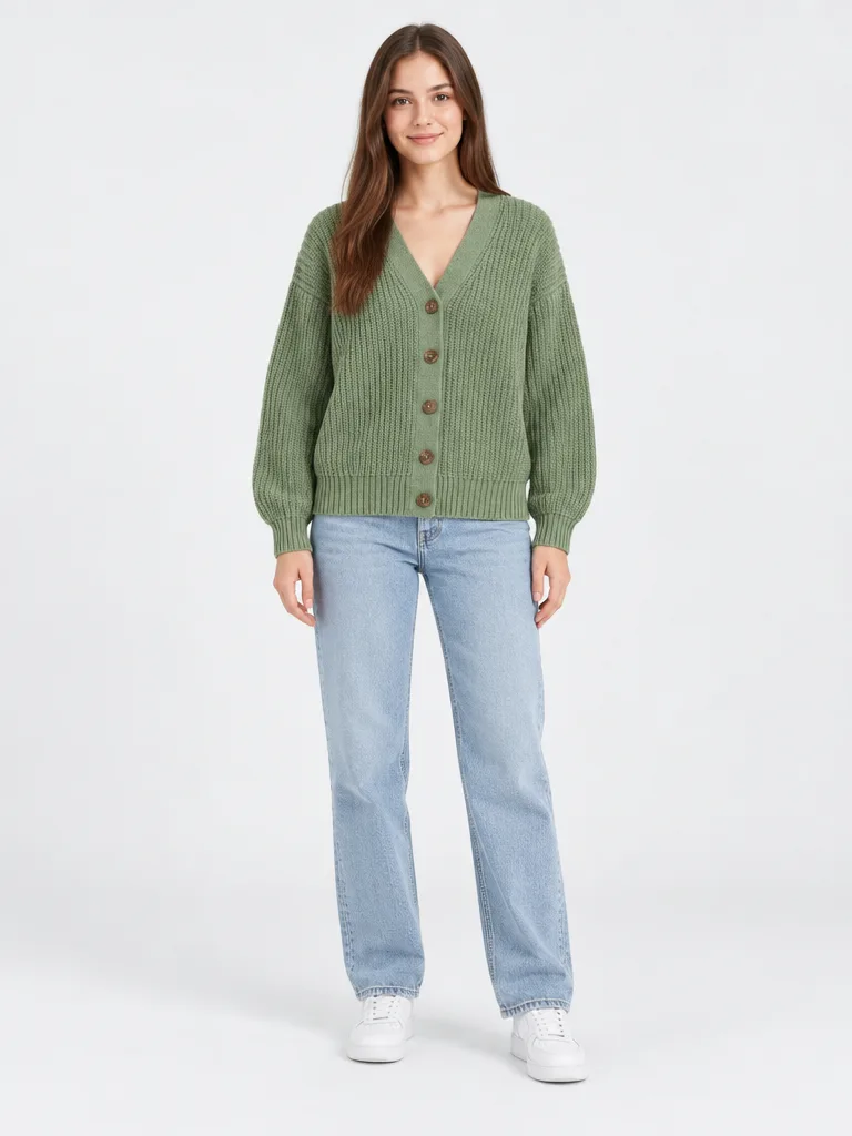 Sage cardigan on a model in a studio