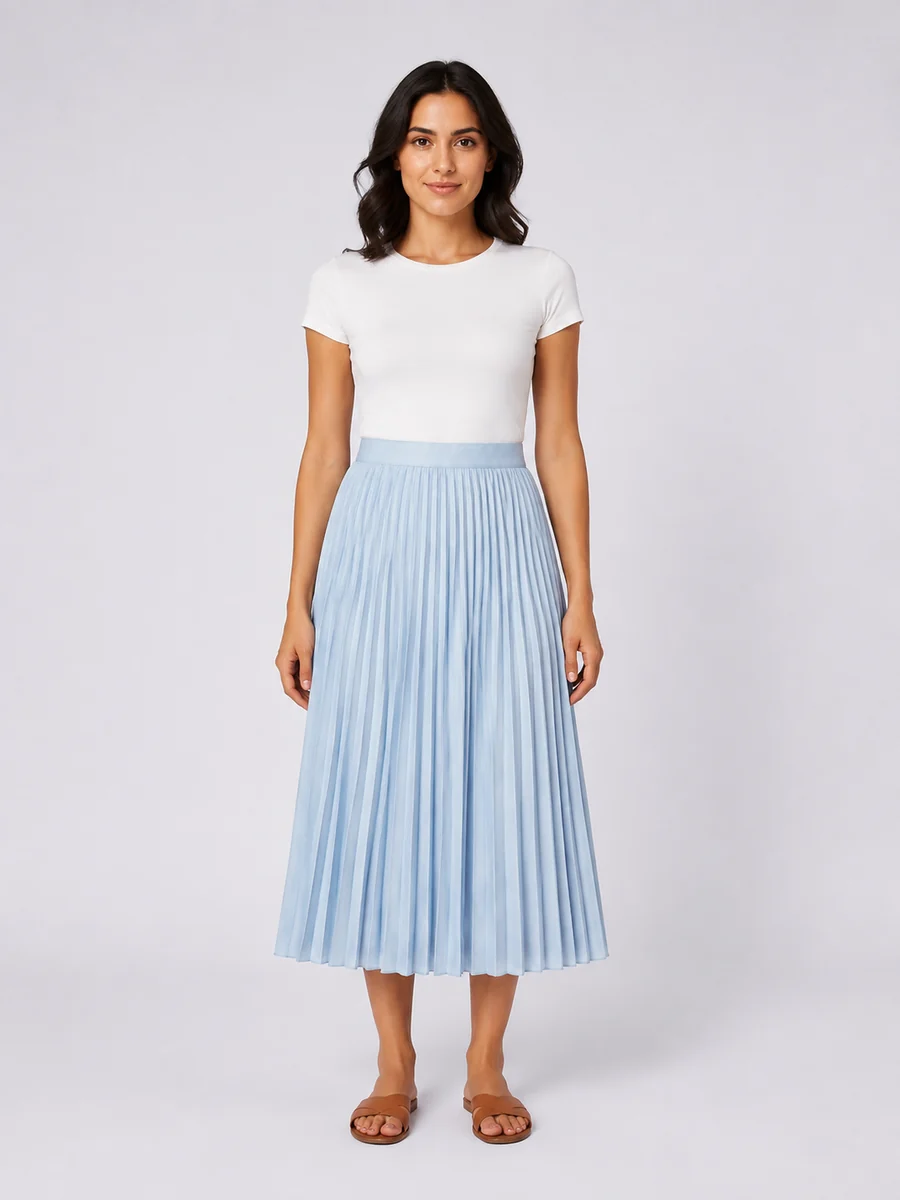 Blue skirt on a model in a studio