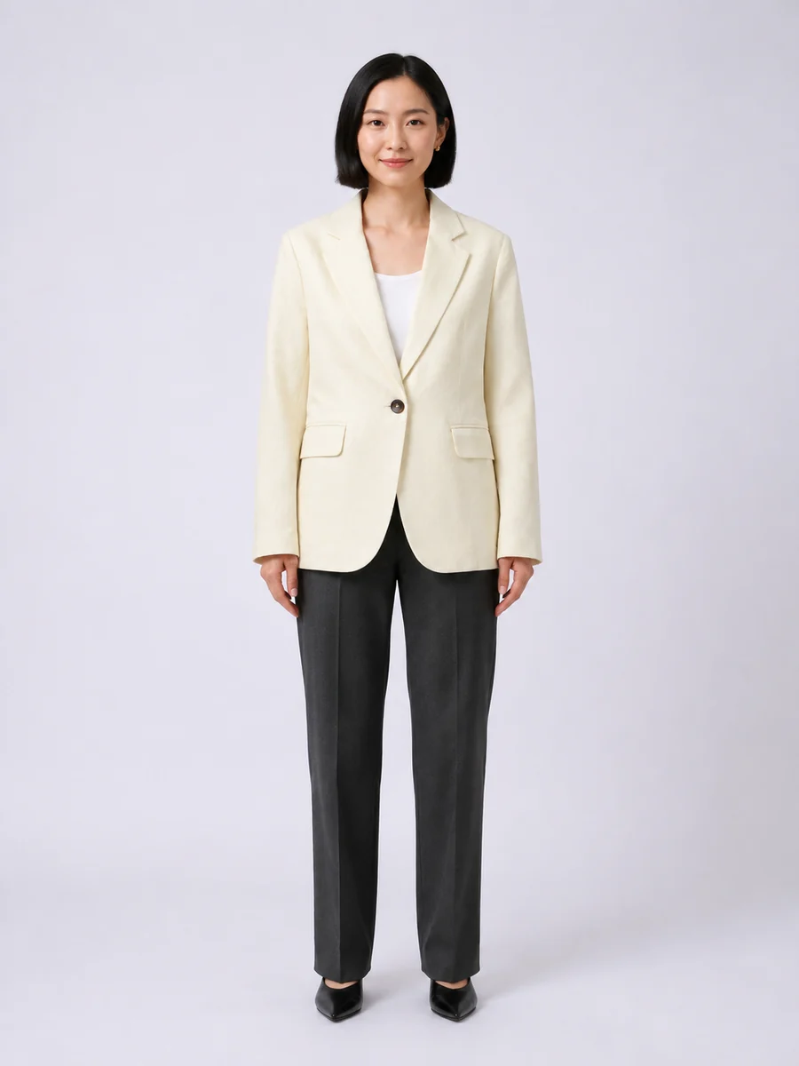 Ivory blazer on a model in a studio