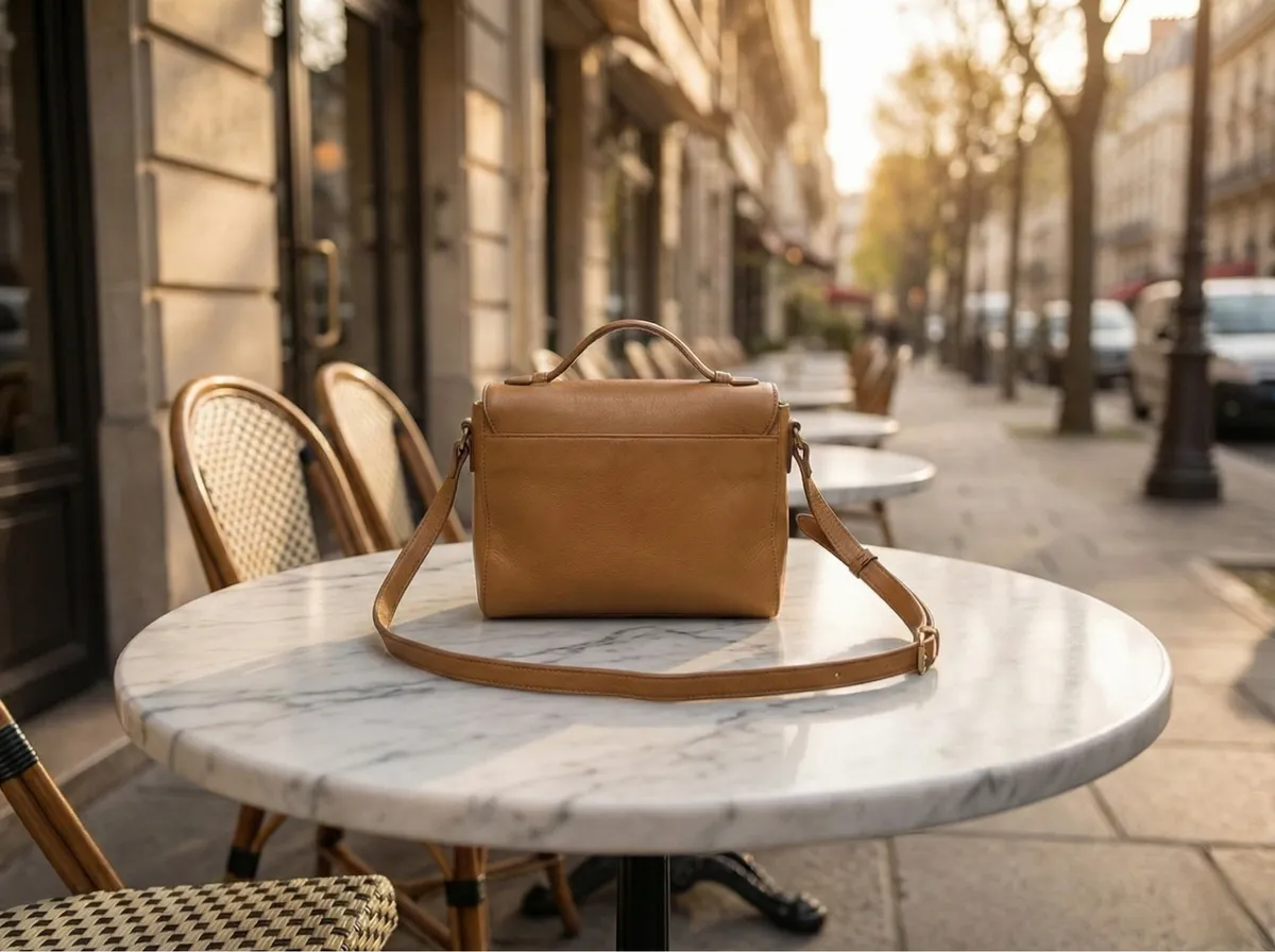 Handbag with AI-generated Parisian cafe background